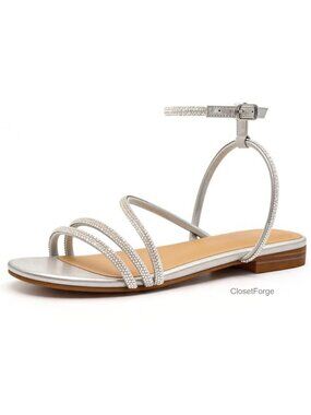 Rhinestone Flat Sandals with Adjustable Ankle Strap